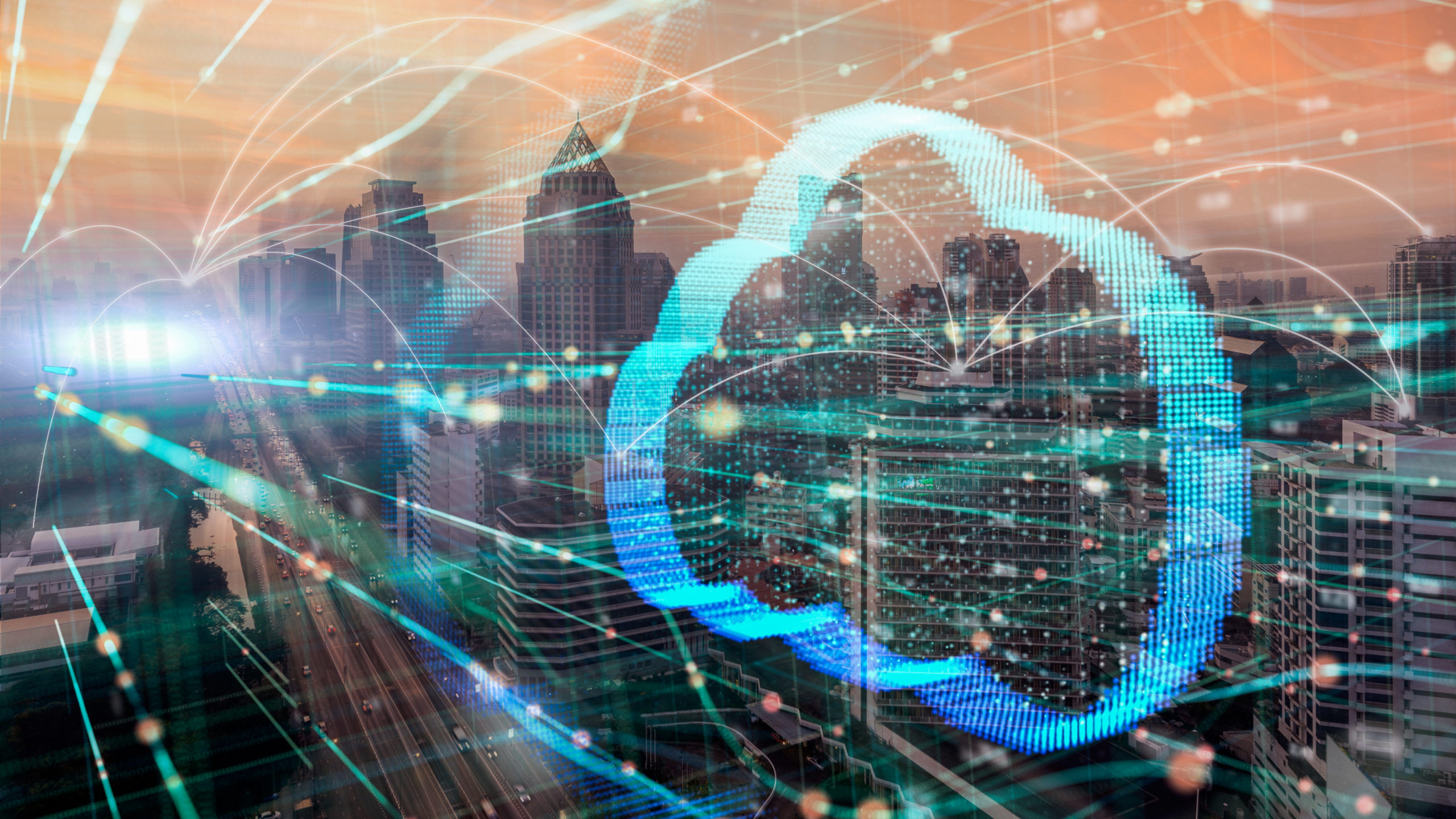 Double exposure the cityscape and clouds technology,Futuristic computer digital Abstract background